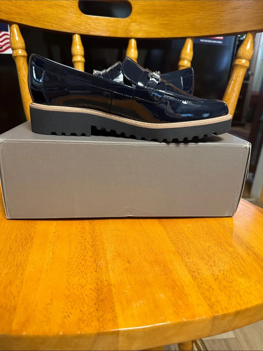 Franco Sarto NWB 7M Black shiny faux leather rubber bottom loafers